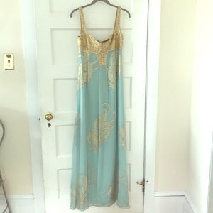 Nicole Miller Collection gold brocade & aqua gown